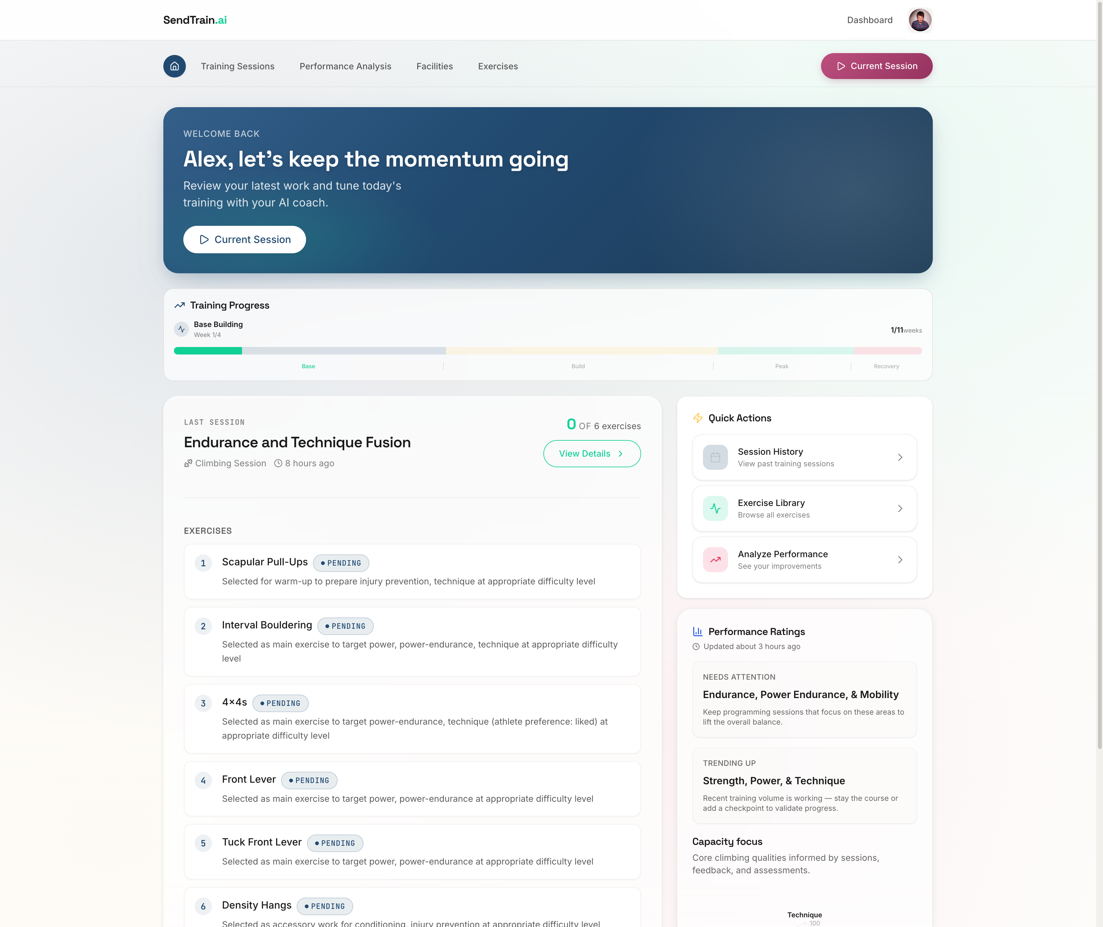 SendTrain Dashboard showing training progress, exercises, and performance ratings