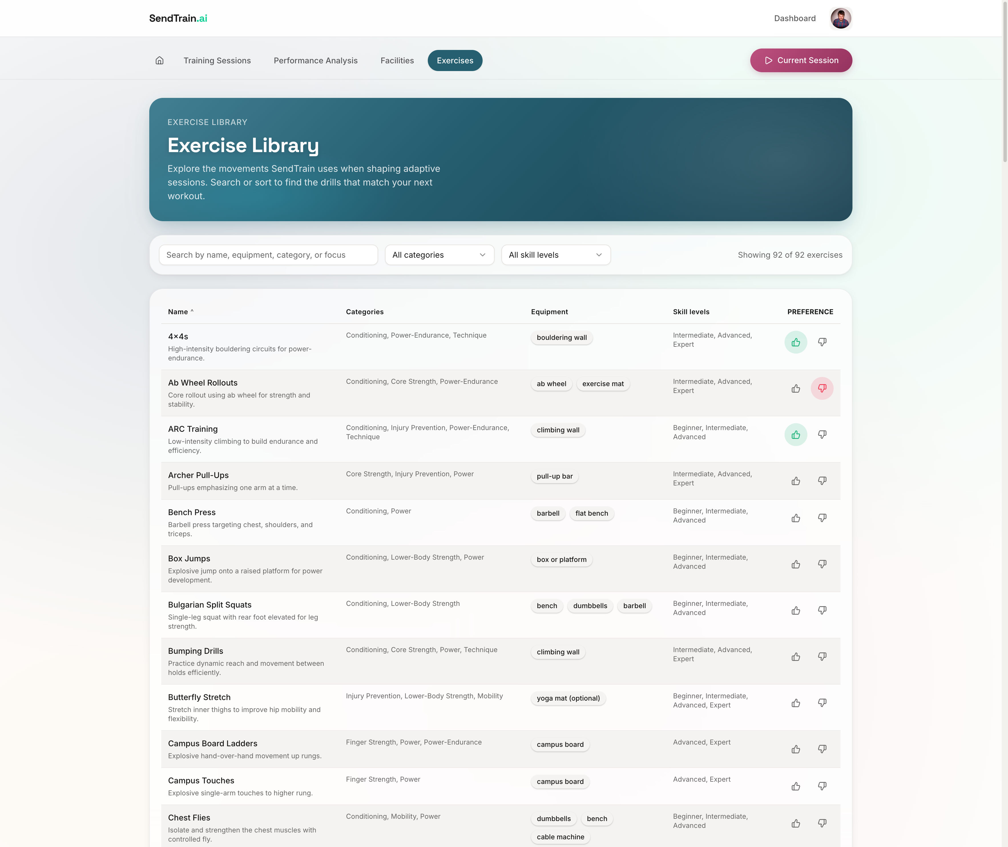 Exercise library showing a variety of climbing exercises with categories and skill levels