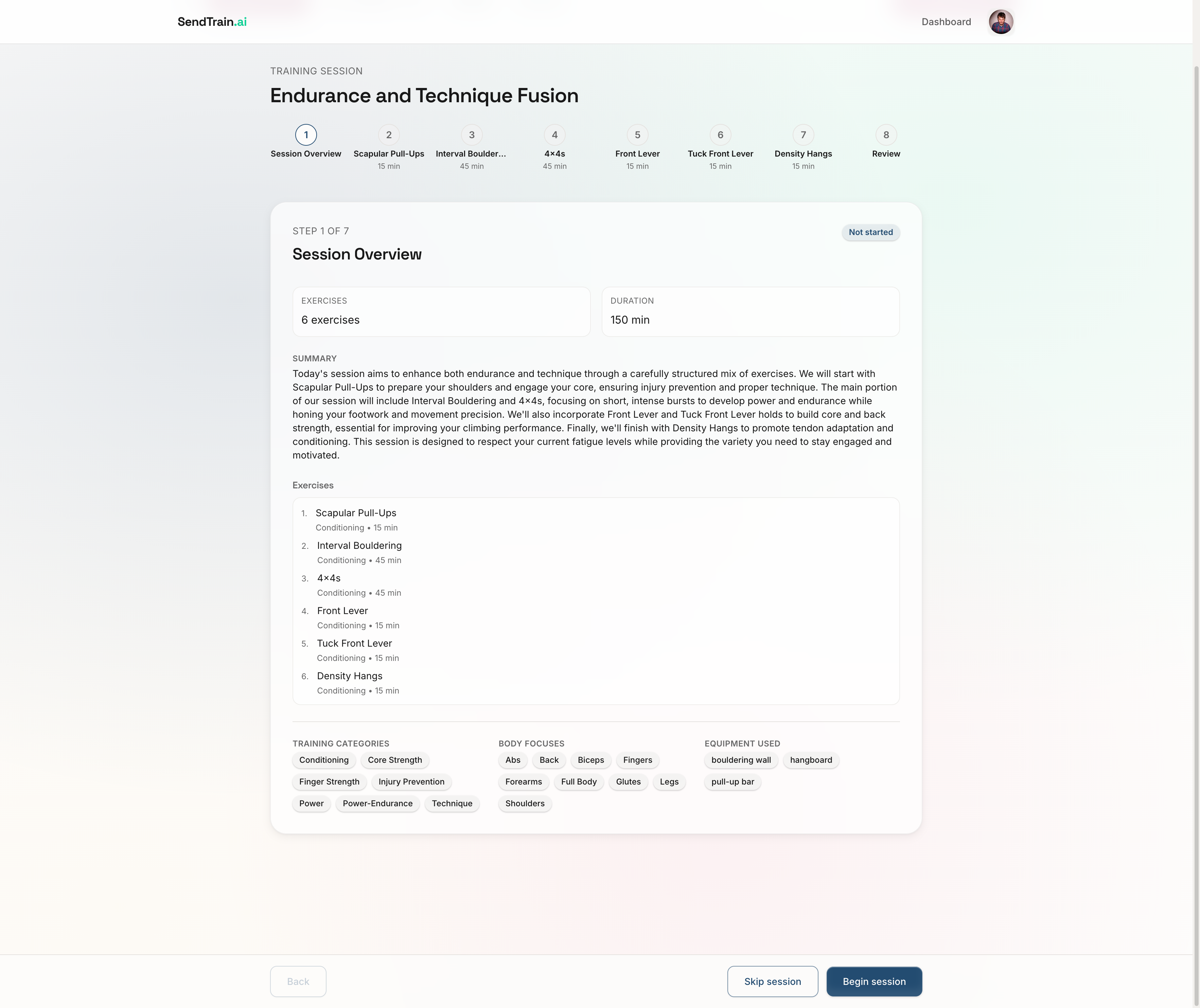 Training session showing exercise breakdown with Scapular Pull-Ups, Interval Bouldering, and more